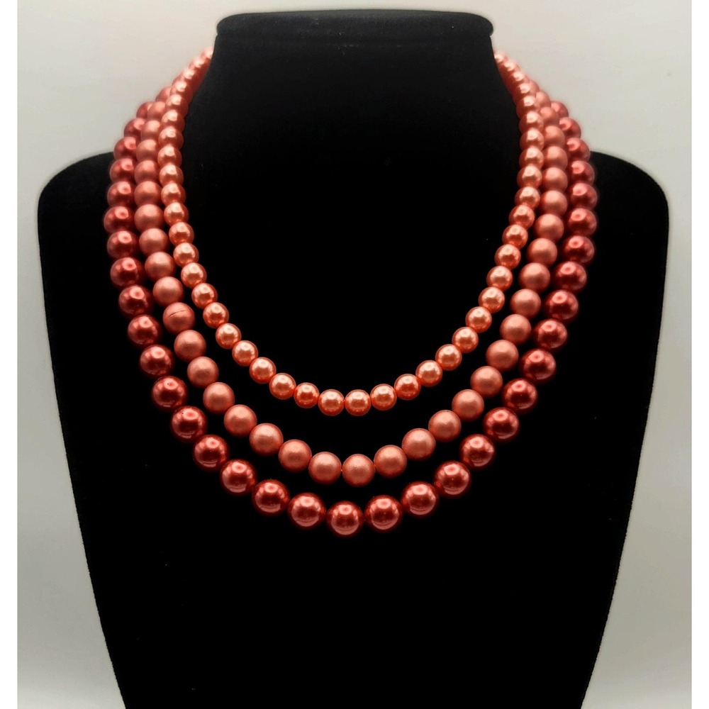 Vintage Japan Multi Strand Necklace Red/Pink Ombre Faux Pearls Mid Century